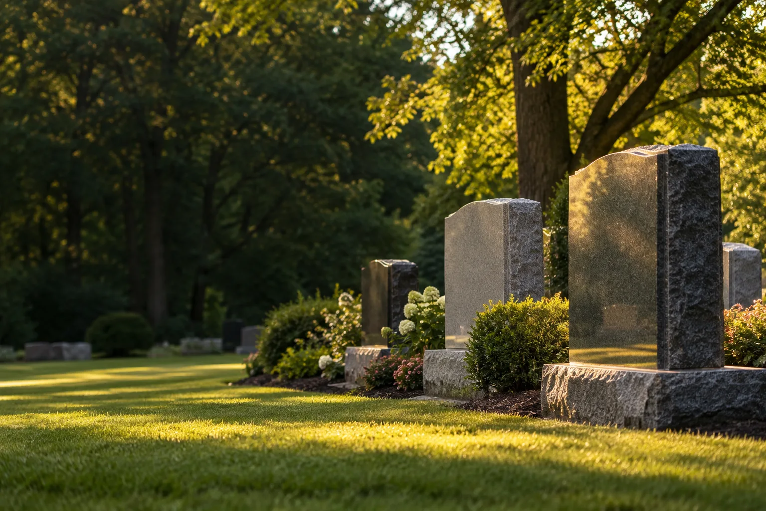 Warm sunlight on granite monuments in a peaceful, landscaped cemetery